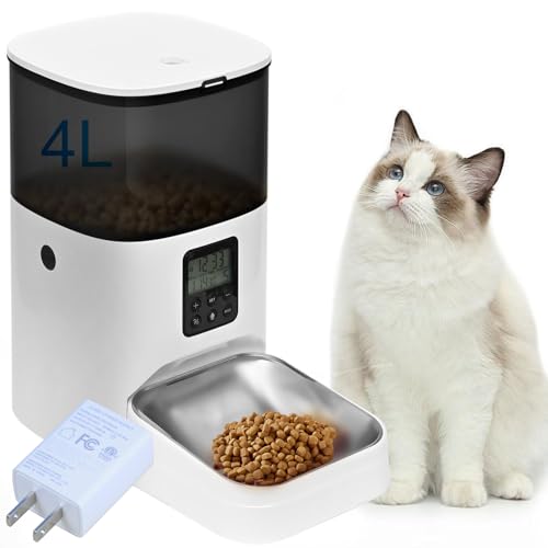 Automatischer Katzenfutterspender, 4L Katzenfutterspender mit 10s Sprachaufzeichnung, Haustierspender bis zu 8 Mahlzeiten pro Tag, Zeitgesteuerter Futterspender mit Trockenfutter versiegeltem Ring von ANDOLL HOME