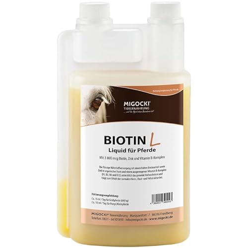 MIGOCKI BIOTIN Liquid für Pferde Ergänzungsfuttermittel mit 3 MIO mcg Biotin, Zink, B-Komplex 1000 ml von MIGOCKI