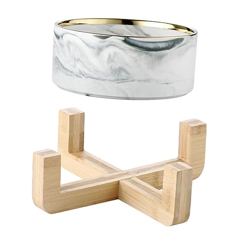 ANDRESLAD Keramik Futternapf mit Holzgestell Marmoroptik Erhöhter Katzennapf rutschfest Napf für Wasser und Futter Modernes Design für Katzen und Kleine Hunde von ANDRESLAD