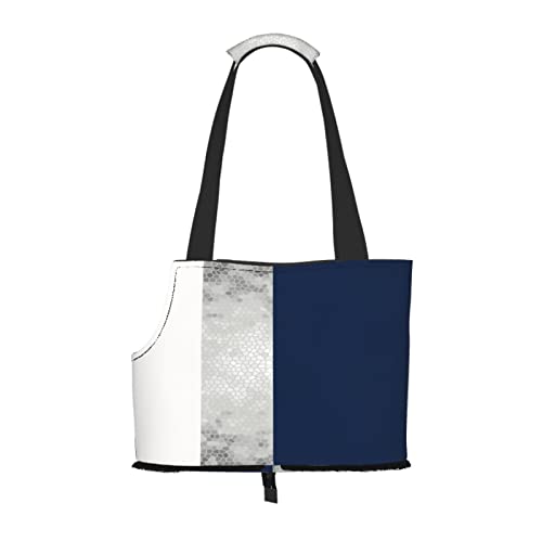 Elegante Faux-Silber-Marineblau-Weiß-Streifen, Haustiertragetaschen, Umhängetasche, Faltbare Einkaufstasche für Haustiere von ANGYANG
