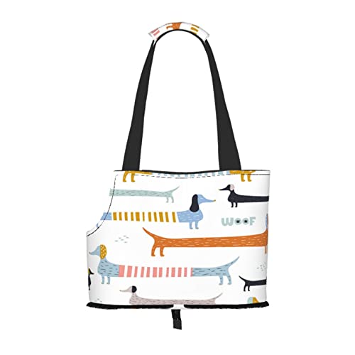 Kindisches, nahtloses Muster mit bunten Dackeln, Haustiertragetaschen, Umhängetasche, Faltbare Einkaufstasche für Haustiere von ANGYANG