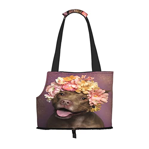 Pitbull mit rosa Blumen, Haustiertragetaschen, Umhängetasche, Faltbare Einkaufstasche für Haustiere von ANGYANG