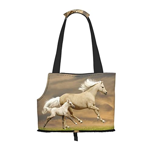 Schönes Pferd mit einem Fohlen, das auf grünem Gras springt, Haustiertragetaschen, Umhängetasche, Faltbare Tragetasche für Haustiere von ANGYANG