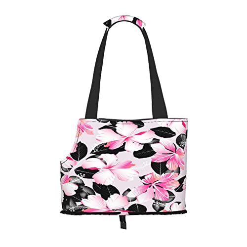 Tropische Hibiskusblüten mit schwarzen Blättern, Haustiertragetaschen, Umhängetasche, Faltbare Tragetasche für Haustiere von ANGYANG