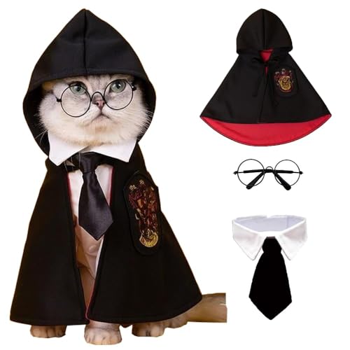ANIAC 3-teiliges Halloween-Hundekostüm, Katzen-Zauberer-Umhang, Brille und Krawatte, Set für Halloween, Welpen, Zauberer, Cosplay, Bekleidung für Kätzchen, Katzen, kleine Hunde (Schwarz + Rot, Größe M von ANIAC