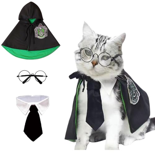 ANIAC 3-teiliges Halloween-Hundekostüm, Katzen-Zauberer-Umhang, Brille und Krawatte, Set für Welpen, Welpen, Haustierakademie, Zauberer, Cosplay, Bekleidung für Kätzchen, Katzen, kleine Hunde (Schwarz von ANIAC