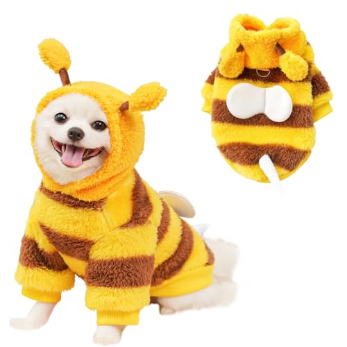 ANIAC Fleece-Welpen-Kapuzenpullover mit D-Ring, Katzenkleidung, Herbst-Wintermantel für kleine Hunde, lustiges Hummel-Kostüm für Weihnachten, Halloween, Gelb, Größe S von ANIAC