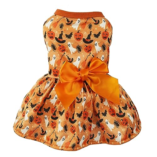 ANIAC Halloween-Welpenkleid für kleine Hunde, Kürbis, Geist, Katzenkostüme, orangefarbene Fliege, Haustierkleidung für Kätzchen, Chihuahua, Yorkie, Pudel (Medium, Orange) von ANIAC