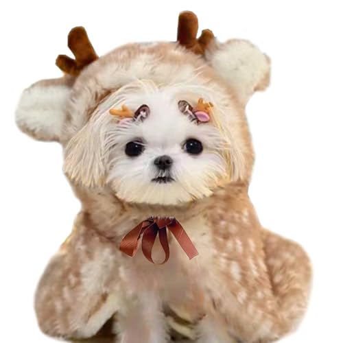 ANIAC Weihnachtliches Welpen-Rentier Kostüm Xmas Hund Elch Umhang mit Geweih Katze Weihnachtsmann Umhang Weihnachten Hund Outfit für kleine mittelgroße Hunde (Größe M, Braun) von ANIAC