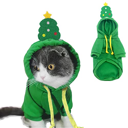 ANIAC Weihnachts-Kapuzenpullover für kleine Hunde, warm, mit Cartoon-Weihnachtsbäumen, Haustier-Winterkleidung, Weihnachts-Katzenbekleidung (Medium, Grün) von ANIAC