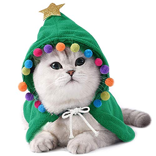 ANIAC Weihnachtskostüm für Haustiere, Welpen, Umhang mit Stern und Pompons, Katzen-Weihnachtsmann-Umhang mit Mütze, Winter-Hunde-Outfit für Katzen und kleine Hunde (Größe M, Grün) von ANIAC