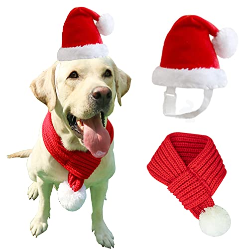 ANIAC Weihnachtsmütze für Hunde mit Schal für Kinder, Weihnachtskappe, Haustier, warme Kopfbedeckung und Halszubehör für mittelgroße und große Hunde (groß) von ANIAC
