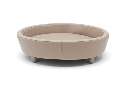 ANIIMAL AND GARDENING Modernes Haustierbett für Hunde und Katzen aus Kunstleder, rundes Design mit Holzbeinen, Beige von ANIIMAL AND GARDENING