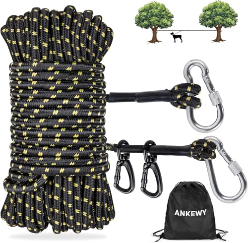 Hundeleinenkabel für Camping, Hundeläufer für Hof, hält bis zu 159 kg, tragbares Camping-Zubehör für draußen (schwarz, 30 m) von ANKEWY