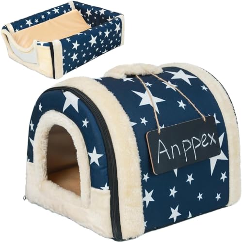 ANPPEX Hundehaus für drinnen,Katzenbett Kleine Katzen Katzenhöhle,2-in-1 waschbares Hundebett mit Überzug,Größe S für Kätzchen,Kaninchen und Meerschweinchen,Blau von ANPPEX