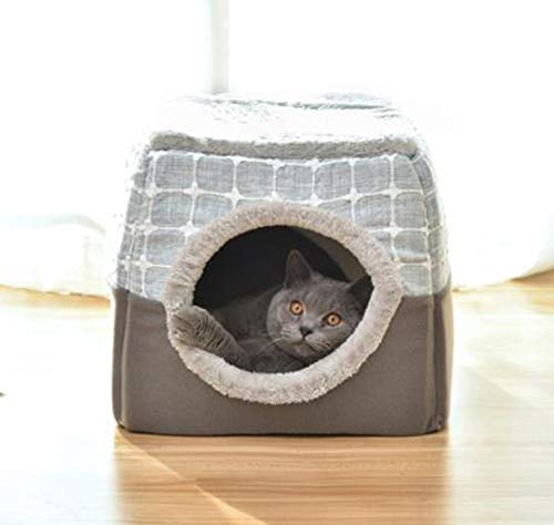 ANQI Haustierbett, Katzen- und Hundebett, Höhle, 5,1 cm, zusammenklappbar, ultraweiches Haustierbett, bequemes Bett für Katzen, grau kariert, S-35 x 33 x 30 cm von ANQI