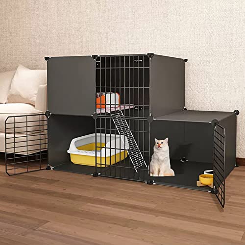 ANSNOW Katzenkäfig Für Den Innenbereich, 2-Stöckiger Katzenkäfig, Laufstall, Katzenkäfig Für Hauskatzen, Abnehmbarer Kleintierkäfig Aus Metall, Diy-Design, Schwarzer Kätzchen-Laufstall, Bietet Platz von ANSNOW
