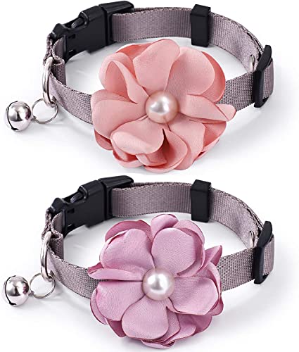 ANUBE 5 x Katzenhalsbänder mit Fliege, abnehmbares Blumen-Nylon-Hundehalsband mit Glocke, verstellbares Hundehalsband für kleine, mittelgroße Hunde und Katzen, 3 Pink + 2 Violett (XXS) von ANUBE