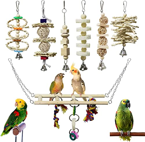 ANUBE 7 Packungen Vogelspielzeug für Papageien, natürliches Holz, Kauspielzeug, Vogelkäfigspielzeug, Hängeschaukel, Hängeschaukel, Kletterleitern, Spielzeug für kleine Sittiche, Nymphensittiche ANUBE 7 Packungen Vogelspielzeug für Papageien, natürliches Holz, Kauspielzeug, Vogelkäfigspielzeug, Hängeschaukel, Hängeschaukel, Kletterleitern, Spielzeug für kleine Sittiche, Nymphensittiche von ANUBE