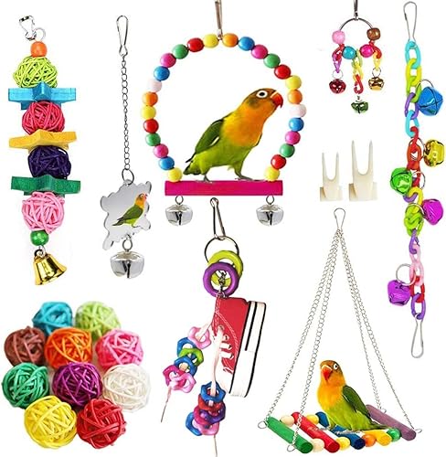 ANUBE 8 Stück Vogelspielzeug für Papageien, natürliches Holz, hängende Glocke, Haustier-Vogelkäfig-Hängematte, Schaukel, Kletterleitern, Holzsitzstange, Spiegel, Kauspielzeug für Sittiche, Liebesvögel ANUBE 8 Stück Vogelspielzeug für Papageien, natürliches Holz, hängende Glocke, Haustier-Vogelkäfig-Hängematte, Schaukel, Kletterleitern, Holzsitzstange, Spiegel, Kauspielzeug für Sittiche, Liebesvögel von ANUBE