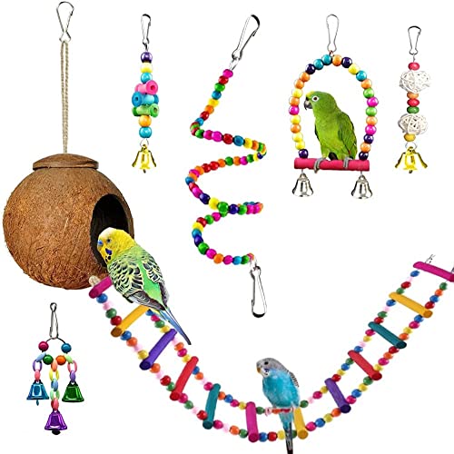 ANUBE Natürliches Kokosnuss-Versteck mit Leiter, Vogelkäfig-Hängematten-Schaukel-Set, kleiner Vogel, Papageien-Schaukel, Kauspielzeug, hängende Glocke, Haustier-Vögel, Käfigspielzeug ANUBE Natürliches Kokosnuss-Versteck mit Leiter, Vogelkäfig-Hängematten-Schaukel-Set, kleiner Vogel, Papageien-Schaukel, Kauspielzeug, hängende Glocke, Haustier-Vögel, Käfigspielzeug von ANUBE
