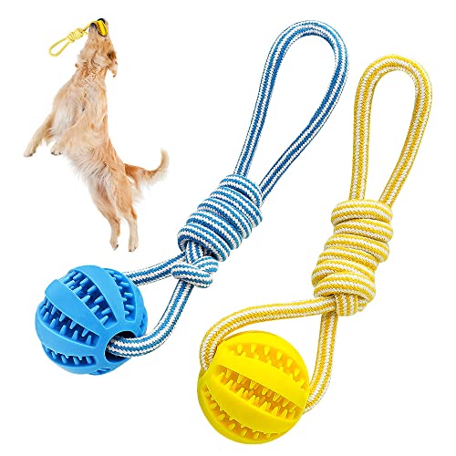 ANZOME Hundeball, 2er-Pack Ø 6 cm Ball Hund mit Seil für kleine und mittelgroße Hunde, Hundeball unzerstörbar für Hund Spielspaß und Zahnpflege (Gelb/Blau) von ANZOME