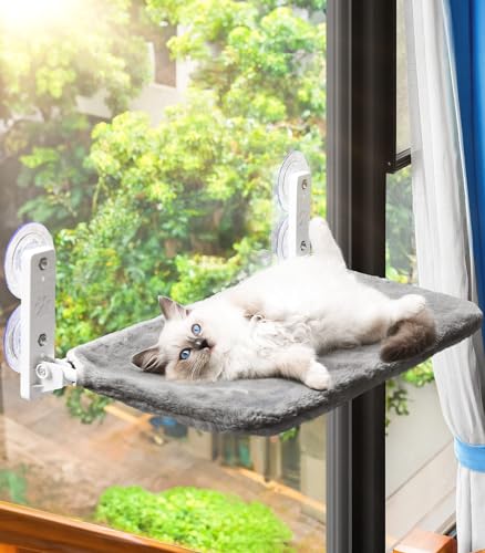 ANZOME Katzen Fensterliege, Faltbare Katzenbett Fenster 62x30cm Katzenhängematte mit stabil Saugnäpfe bis zu 18KG, Katzen Hängematte für Katzen, Grau von ANZOME