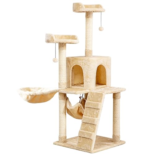 135 cm hoher großer Katzenbaum, Kitty Tower, Eigentumswohnung, Katzenhaus für große Katzen im Innenbereich, zum Spielen, Kratzen, Verstecken, Klettern, Aktivitätsmöbel mit Spielzeug, Leiter und Häng von ANram