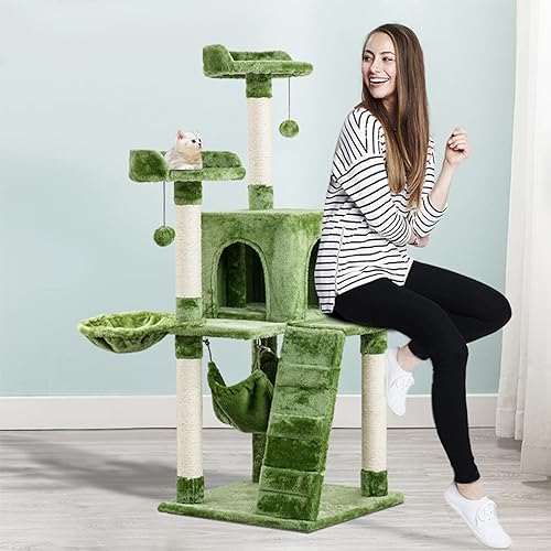 135 cm hoher großer Katzenbaum, Kitty Tower, Eigentumswohnung, Katzenhaus für große Katzen im Innenbereich, zum Spielen, Kratzen, Verstecken, Klettern, Aktivitätsmöbel mit Spielzeug, Leiter und Häng von ANram