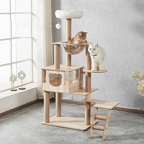 Kratzbaum, 55" moderner Katzenturm mit Katzenwohnung, Katzenklo-Gehäusemöbel aus Holz mit großer transparenter Raumkapsel-Sitzstange für große/fette Katzen von ANram