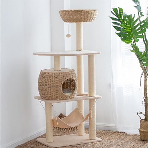 Kratzbaum, Katzenturm, Eigentumswohnungsmöbel, Kratzbaum mit natürlichem Sisalseil, Hängematte für Katzen und Kätzchen, großer Katzenkletterständer mit Rattanstange und Spielzeug von ANram