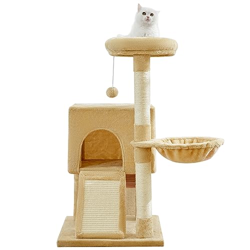 Kratzbaumturm für Hauskatzen, 87 cm, mehrstufiges Kletter- und Aktivitäts-Katzenhaus mit Hängematten, Kratzbaum, lustigem Spielzeug und Plüschsitzstangen für Kätzchen von ANram
