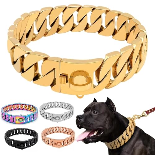 Goldfarbenes Hundehalsband, 32mm, Kubanisches Gliederhalsband mit Sicherer Schnappschnalle, 18 Karat Edelstahl, Für Alle Rassen, Mittelgroße Und Große Hunde(Gold,76cm) von AOBUJDUB