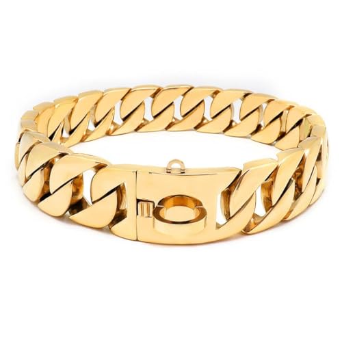 Goldfarbenes Hundehalsband, Kubanische Glieder-Welpenhalsbänder, 32mm Vergoldeter Edelstahl, Metall, Für Welpen, Kleine, Mittelgroße Und Große Hunde(Gold,70cm) von AOBUJDUB