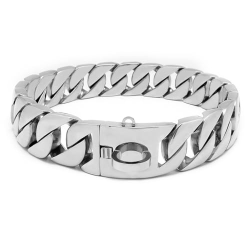 Goldfarbenes Hundehalsband, Kubanische Glieder-Welpenhalsbänder, 32mm Vergoldeter Edelstahl, Metall, Für Welpen, Kleine, Mittelgroße Und Große Hunde(Silver,45cm) von AOBUJDUB