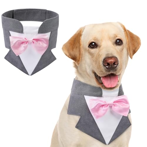 AOFITEE Formal Dog Smoking Hundehalstuch mit Fliege, verstellbares Geburtstagskostüm, Valentinstag, Outfits, Fliege für große Party, Smoking, Hochzeit, Outfit, Grau, Größe XL von AOFITEE