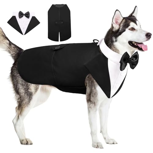 AOFITEE Hund Smoking Hund Anzug & Bandana Set, Hund Hochzeit Party Suit Hundefliege Shirt Vest, Haustier Anzug Kostüm Hund Kleidung mit Abnehmbarer Fliege für Halloween, Christmas,L von AOFITEE