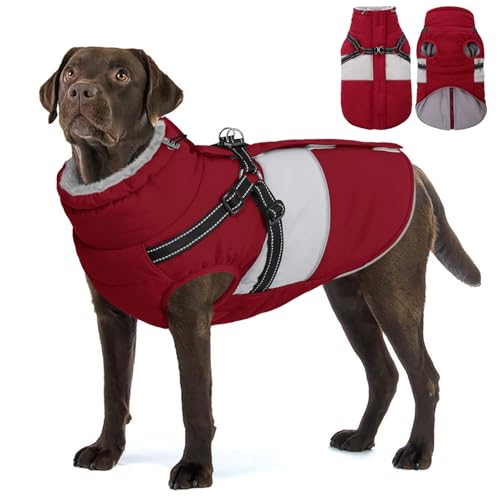 AOFITEE Hundejacke Große Hunde, Wasserdicht Winter Hundemantel mit Geschirr für große Hunde, Warme Hundemantel Hunter Fleece Wintermäntel Hundekleidung Schneeanzug für Französische Bulldogge, Rot L AOFITEE Hundejacke Große Hunde, Wasserdicht Winter Hundemantel mit Geschirr für große Hunde, Warme Hundemantel Hunter Fleece Wintermäntel Hundekleidung Schneeanzug für Französische Bulldogge, Rot L von AOFITEE