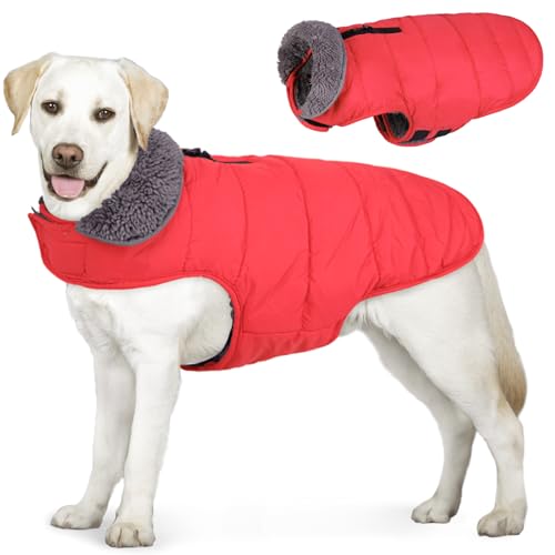 AOFITEE Hundemantel, Winter-Hundejacke, winddichter Fleece, kaltes Wetter, Mäntel für Hunde, warme Hunde-Winterweste mit Kragen und Reißverschluss-Leinenloch, rot, L von AOFITEE