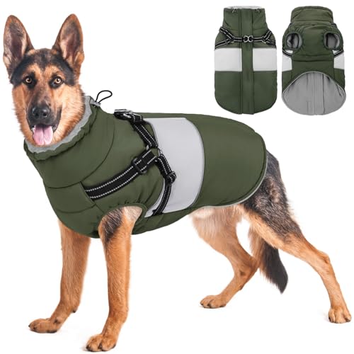 AOFITEE Hundemantel Grosse Hunde, Winter Wasserdicht Hundejacke Hundemantel mit Geschirr, Warmer Wintermantel Hundejacke Fleece Weste Winddicht Hunde Mantel für Deutsche Schäferhunde, Grün 3XL von AOFITEE