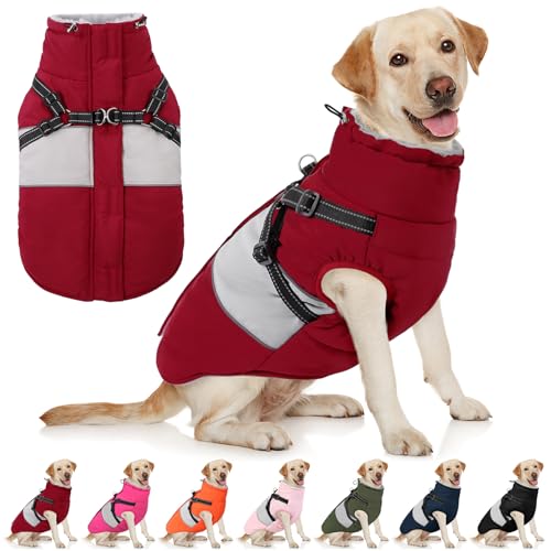 AOFITEE Hundemantel Grosse Hunde, Winter Wasserdicht Hundejacke Hundemantel mit Geschirr, Warmer Wintermantel Hundejacke Fleece Weste Winddicht Hunde Mantel für Deutsche Schäferhunde, Rot 3XL von AOFITEE