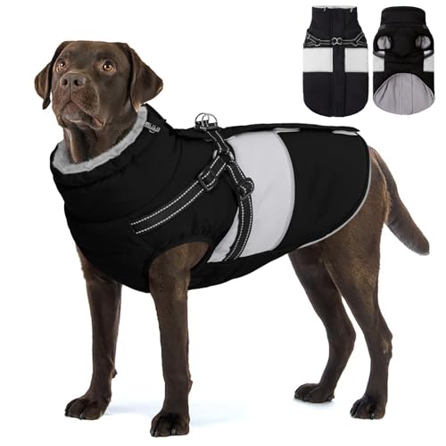 AOFITEE Hundemantel Grosse Hunde, Winter Wasserdicht Hundejacke Hundemantel mit Geschirr, Warmer Wintermantel Hundejacke Fleece Weste Winddicht Hunde Mantel für Deutsche Schäferhunde, Schwarz 3XL von AOFITEE
