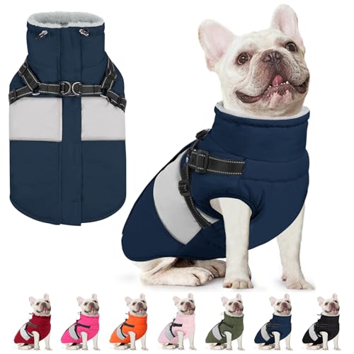 AOFITEE Hundemantel für Kleine Hunde, Wasserdicht Warme Hundejacke mit Geschirr, Winddicht Hunde Wintermäntel mit Reißverschluss & Fleecefutter, Reflektierend Welpen Winterweste,Blau XS von AOFITEE