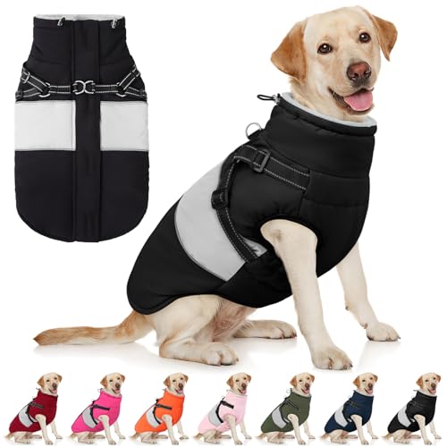 AOFITEE Hundejacke Große Hunde, Wasserdicht Winter Hundemantel mit Geschirr für große Hunde, Warme Hundemantel Hunter Fleece Wintermäntel Hundekleidung Schneeanzug für Französische Bulldogge, Schwarz von AOFITEE