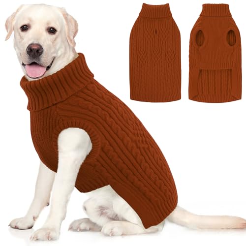 AOFITEE Hundepullover für große Hunde, Rollkragen, XXL, für den Herbst, dehnbare Strickwaren, Weihnachtspullover, Strickpullover mit Loch für Geschirr, Golden Retriever, Labrador, Ziegelrot, 2XL von AOFITEE