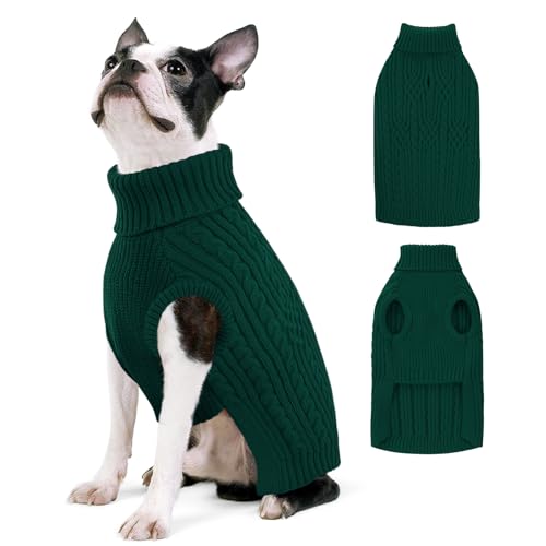 AOFITEE Hundepullover für große Hunde, dehnbarer Rollkragenpullover für Weihnachten, warme Hundestrickware für Herbst und Winter, grüner Haustierpullover mit Loch für Geschirr für Boston Terrier von AOFITEE