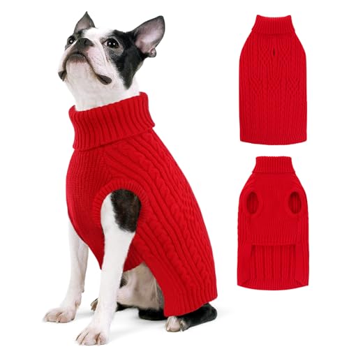 AOFITEE Hundepullover für große Hunde, dehnbarer Rollkragenpullover für Weihnachten, warme Hundestrickware für Herbst und Winter, roter Haustierpullover mit Loch für Geschirr für Boston Terrier von AOFITEE