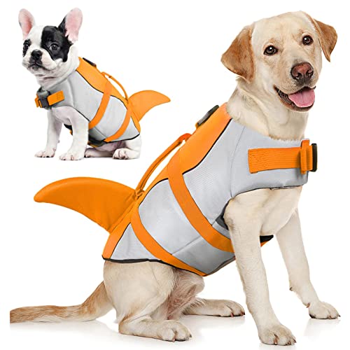 AOFITEE Hundeschwimmweste Haustier-Sicherheitsweste, verstellbare Hunde-Rettungsweste Ripstop-Haustier-Rettungsweste mit Rettungsgriff für kleine, mittelgroße und große Hunde (orangefarbener Hai, XS) von AOFITEE