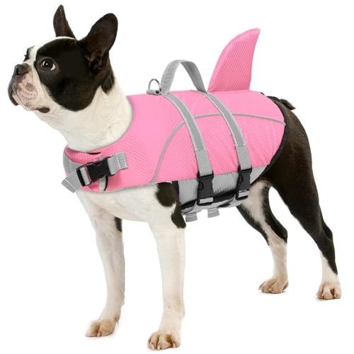 AOFITEE Hundeschwimmweste Ripstop Hundeschwimmweste, Reflektierende Hundesicherheitsweste für Bootfahren Schwimmen, Hund Shark Schwimmwesten Hund Lifesaver mit Rettungsgriff für Kleine Mittlere Hunde (Groß, Rosa) von AOFITEE