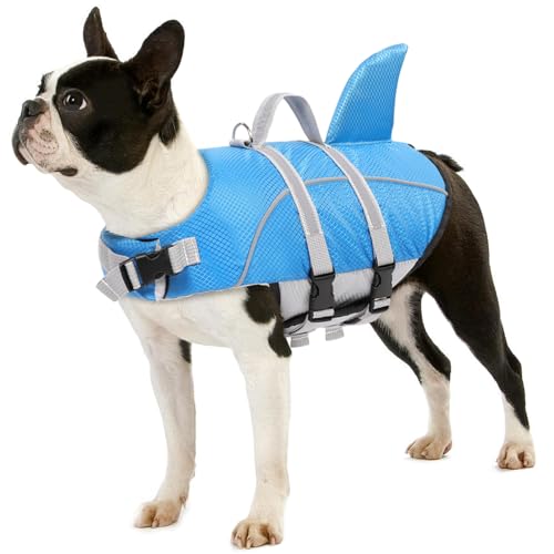 AOFITEE Hundeschwimmweste Ripstop Hundeschwimmweste, Reflektierende Hundesicherheitsweste für Bootfahren Schwimmen, Hund Shark Schwimmwesten Hund Lifesaver mit Rettungsgriff für kleine mittelgroße Hunde (groß, himmelblau) von AOFITEE